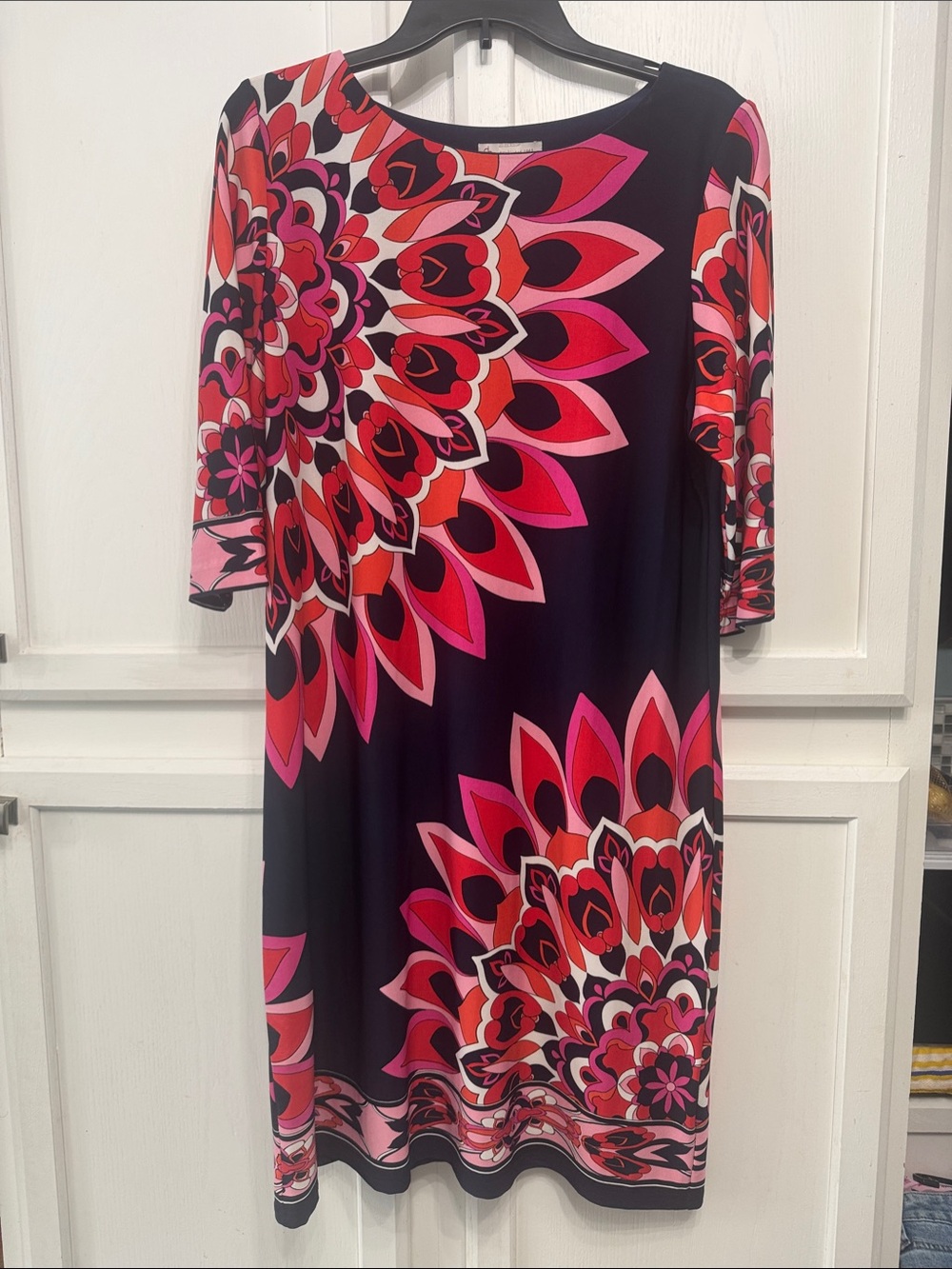 Navy Long-Sleeve Dress with Pink & Red Floral Medallion Print